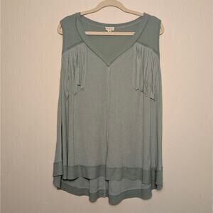 POL boho tank top teal with fringe sleeves size m fits oversized